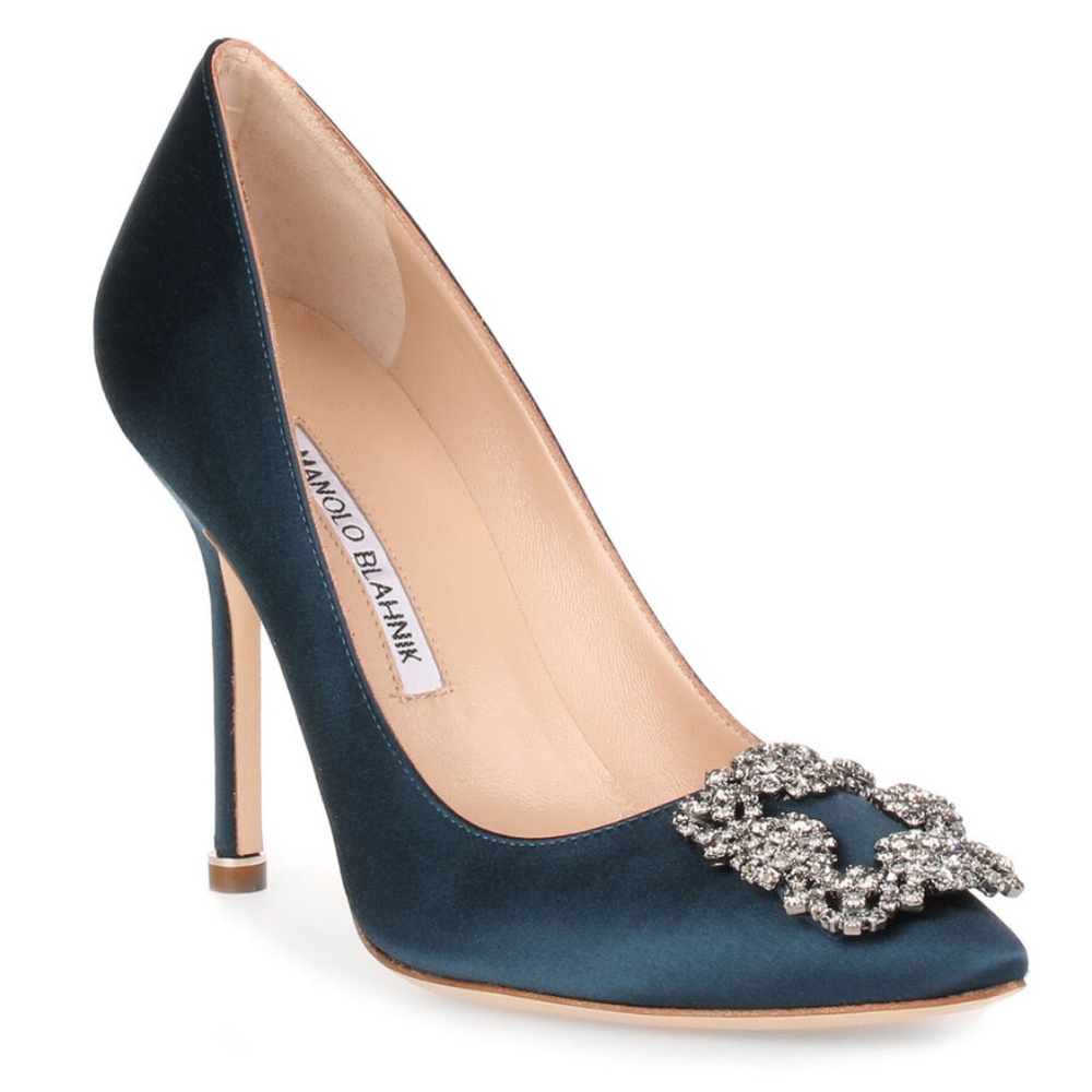 Manolo Blahnik Hangisi 105 Satin Teal Pump 39.5